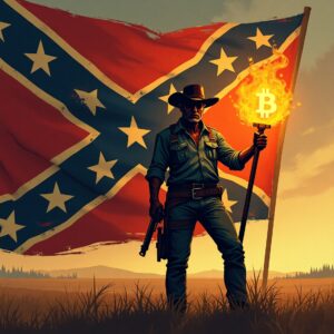 Rustic Southern rebel holding a glowing Bitcoin symbol with a weathered Confederate-style flag waving behind, symbolizing resistance against the corrupt financial system.