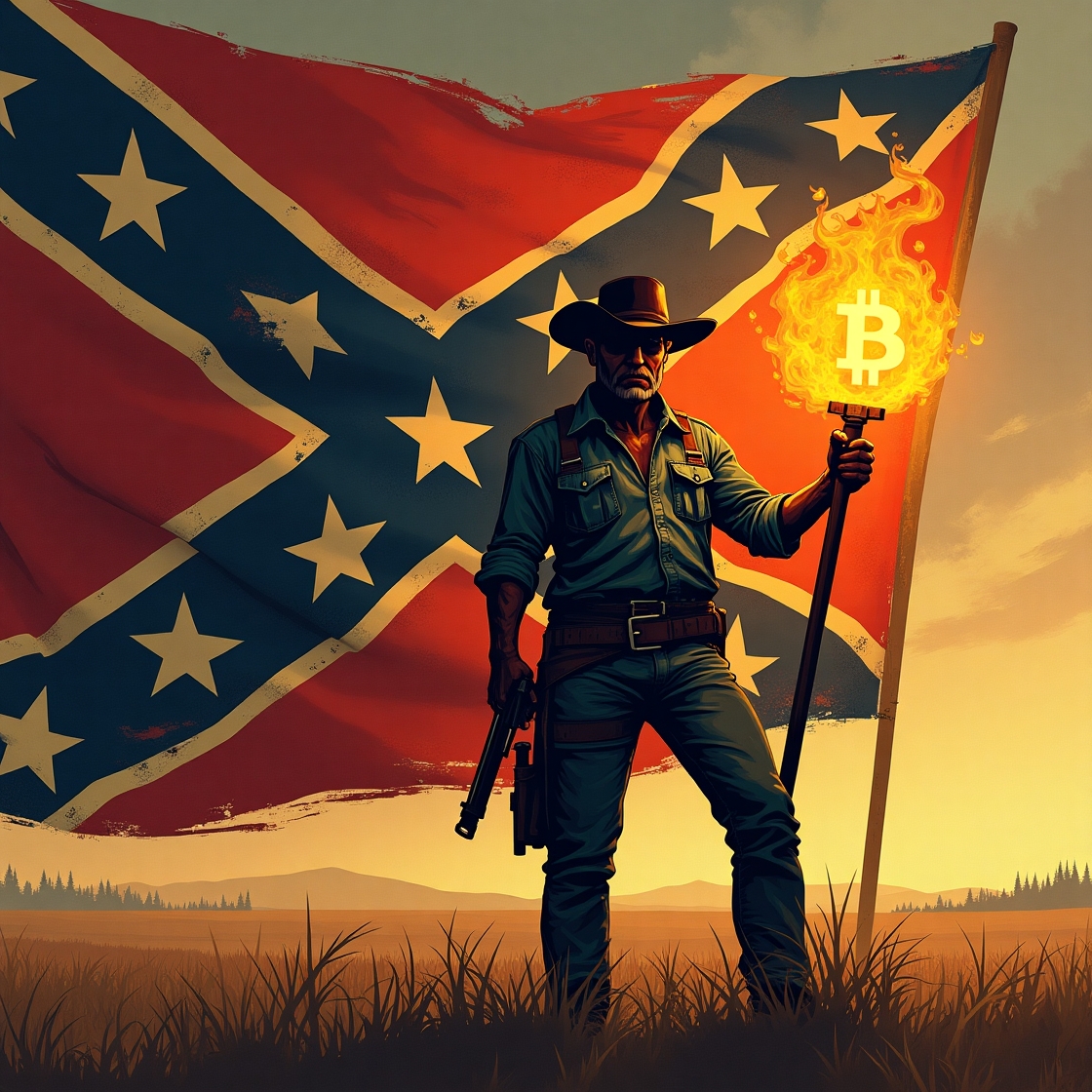 Rustic Southern rebel holding a glowing Bitcoin symbol with a weathered Confederate-style flag waving behind, symbolizing resistance against the corrupt financial system.